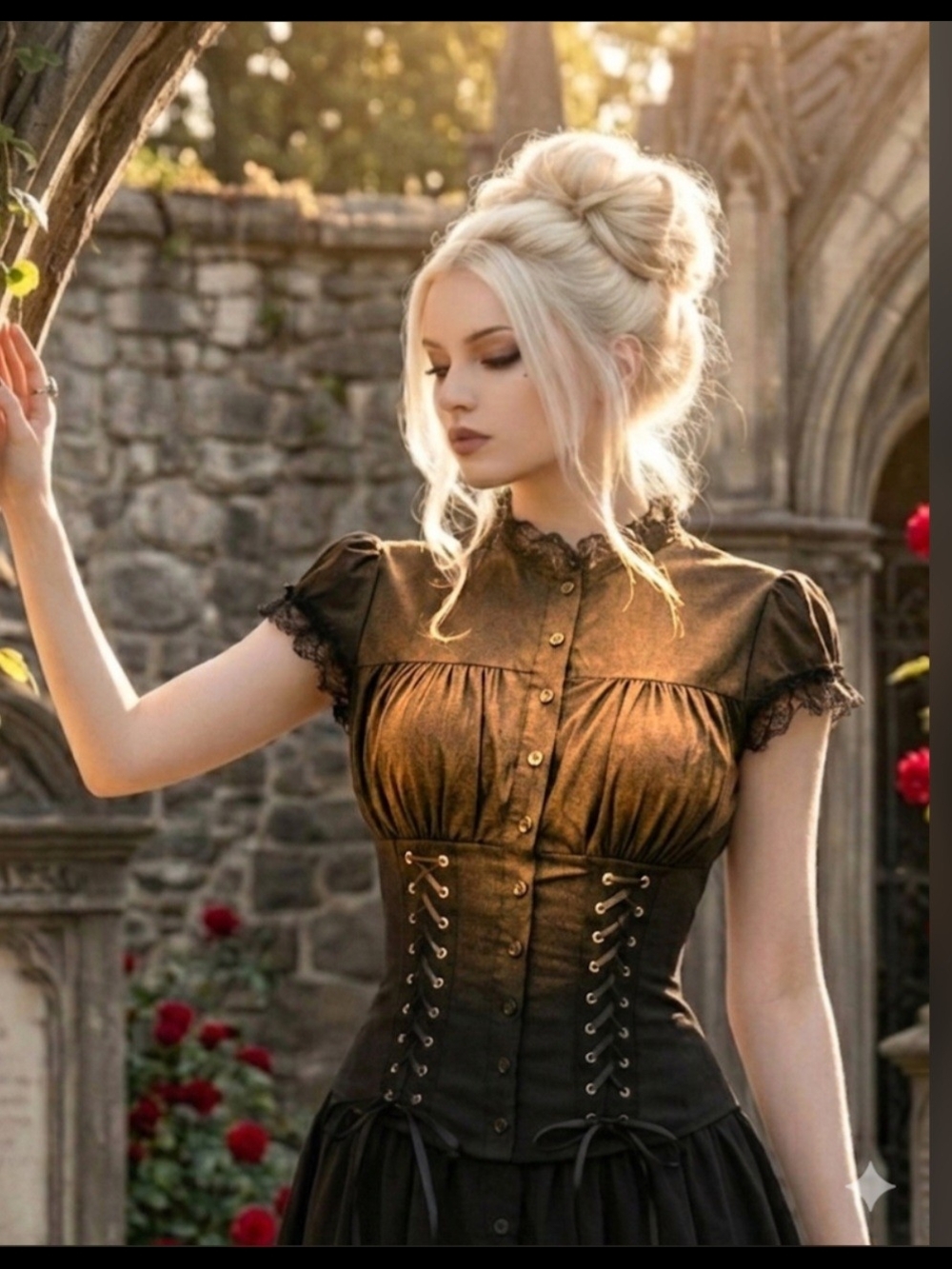 Black Lace-Trim Puff Sleeve Blouse - Women